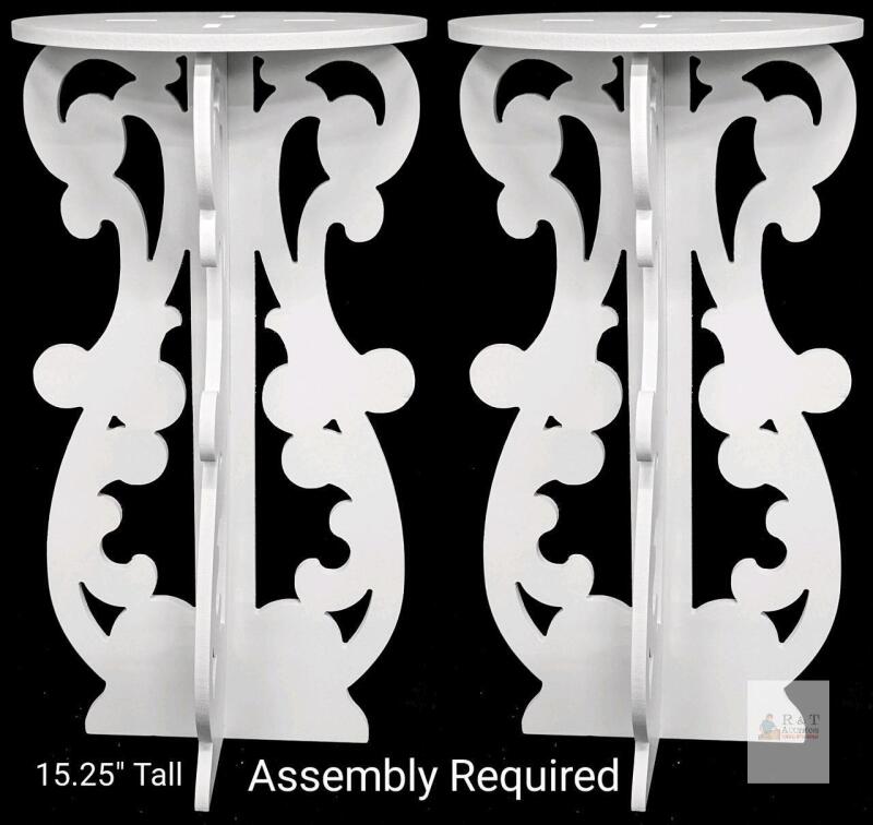 Pair of 15.25" White Plastic Decorative Pedestal Cake Stands, Ornate Scroll Design, Assembly Required