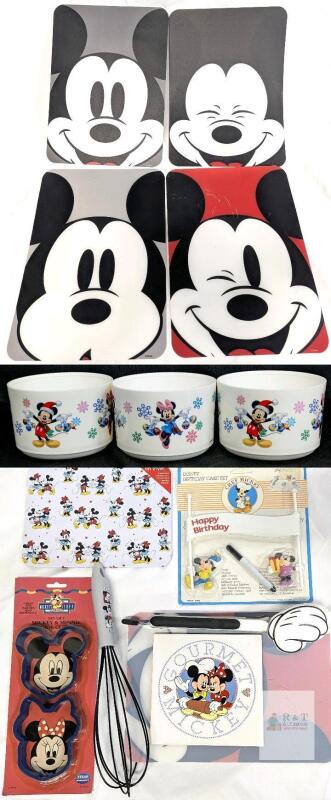 Disney Mickey & Minnie Kitchen Lot: Tupperware Bowls, Trivets, Utensils, Cookie Cutters, +