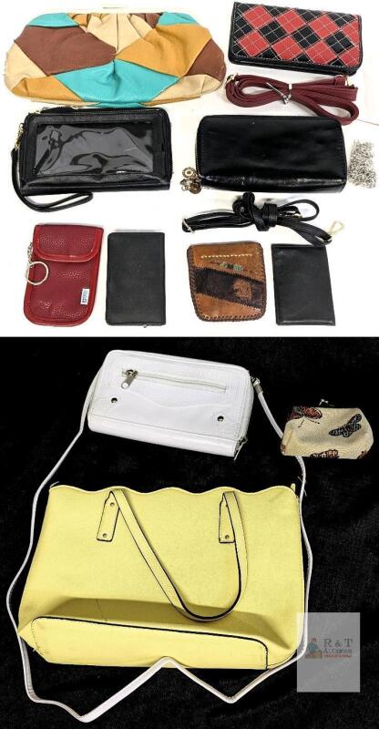Assorted Women's Handbag, Wallet & Purse Lot &ndash; Yellow Tote, Patchwork Clutch, White Crossbody