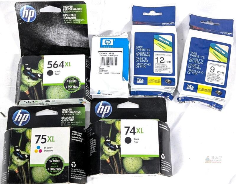 4 New Sealed Ink Cartridges: HP 564XL Black, 74XL Black, 75XK Tri-Color, HP 98 C9364W Black & 2 BROTHER TZE-231 12mm Tape Cassettes