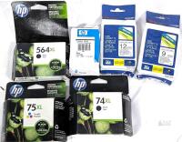 4 New Sealed Ink Cartridges: HP 564XL Black, 74XL Black, 75XK Tri-Color, HP 98 C9364W Black & 2 BROTHER TZE-231 12mm Tape Cassettes