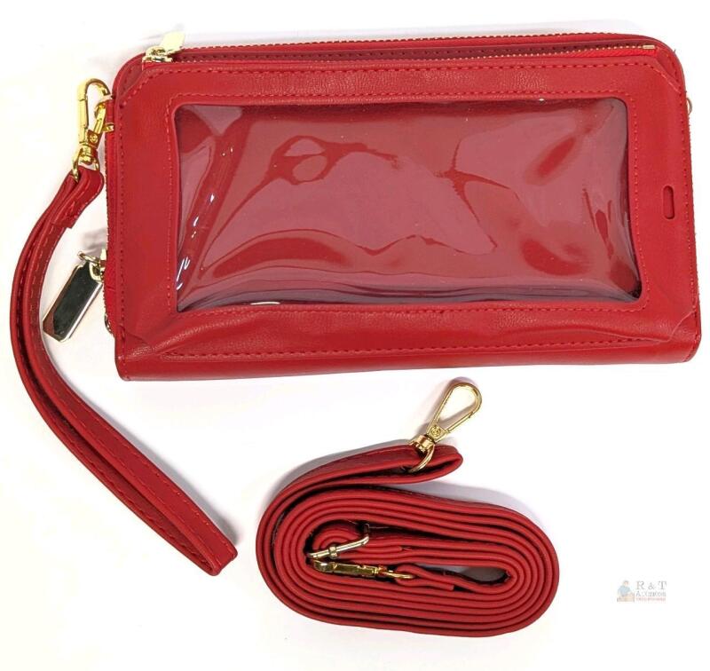 Red Faux Leather Zippered Wallet Crossbody with Clear Phone Pocket, 8 Card Slots, Removable Straps