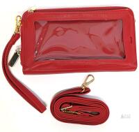 Red Faux Leather Zippered Wallet Crossbody with Clear Phone Pocket, 8 Card Slots, Removable Straps