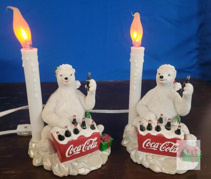 Coca-Cola Polar Bear Christmas Candle Table Lamp Pair &ndash; 8" Electric Lighted Holiday Decor