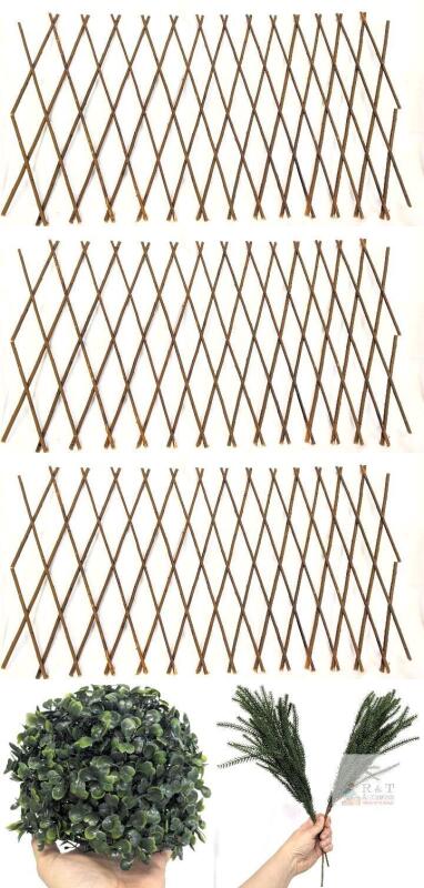Artificial Boxwood Plant Balls, Expandable Wood Trellis Panels & Pine Sprays Set, Home Decor