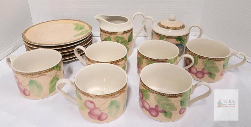 14pc. PTS International Stoneware Coffee Cups , Saucers & Suger and Creamer
