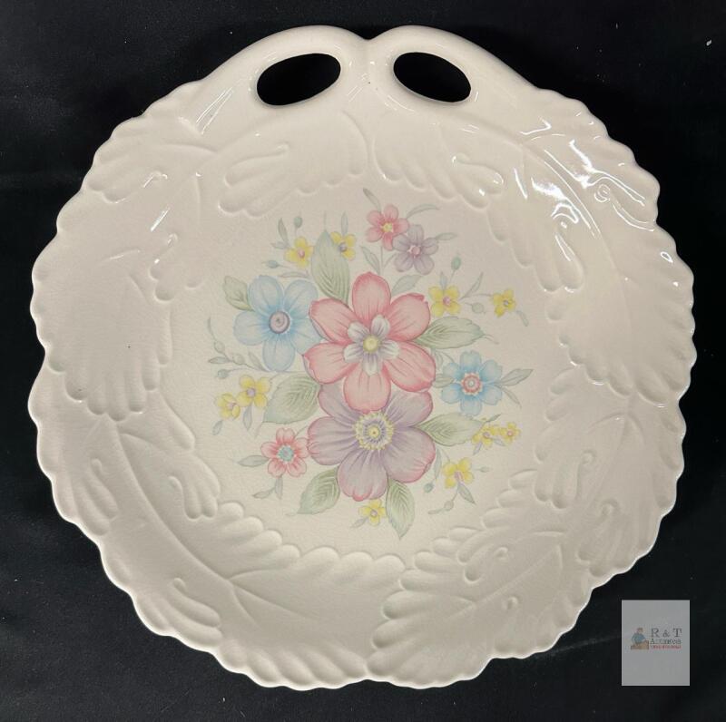 11" Floral Handled Porcelain Serving Plate, Embossed Scalloped Edge, Pastel Flower Design