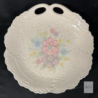 11" Floral Handled Porcelain Serving Plate, Embossed Scalloped Edge, Pastel Flower Design