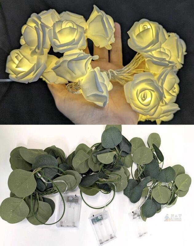 USB Rose Flower String Light & 3 Battery Eucalyptus Leaf Strands, Warm White, Battery/USB Powered