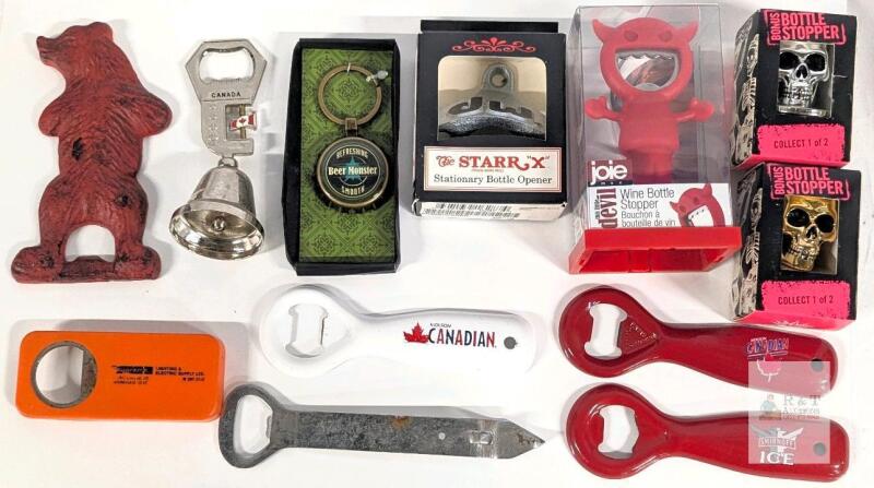 Large Assorted Bottle Opener & Stopper Lot &ndash; Starr X, Joie Devil, Skull, Molson, Novelty Bear