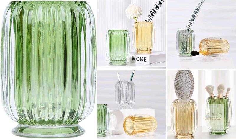 New DASITON Makeup Brush holder Organizer, Cosmetic Makeup Brush Glass Brushes Storage Holder, Retro Make Up Brush Cup striped vase(Green)