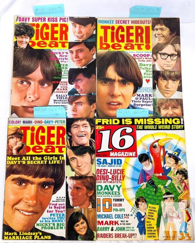 1968 Tiger Beat & 16 Magazine Lot: Mark Lindsay, Davy Jones, The Monkees, Full-Color Pin-Ups