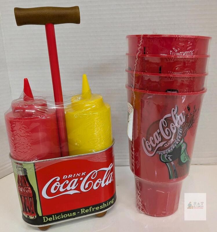 Coca-Cola Retro Condiment Caddy Set w/ Squeeze Bottles & 4 Classic 20oz Plastic Tumblers