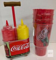 Coca-Cola Retro Condiment Caddy Set w/ Squeeze Bottles & 4 Classic 20oz Plastic Tumblers