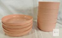NEW 10 Piece Pink Plastic Ribbed Dinnerware Set &ndash; 5 Bowls (5.2") & 5 Plates (7.9")