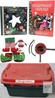 Large Christmas Decor Storage Tote Lot with Books, Ornaments, Tree Stand, Stockings & More