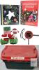 Large Christmas Decor Storage Tote Lot with Books, Ornaments, Tree Stand, Stockings & More