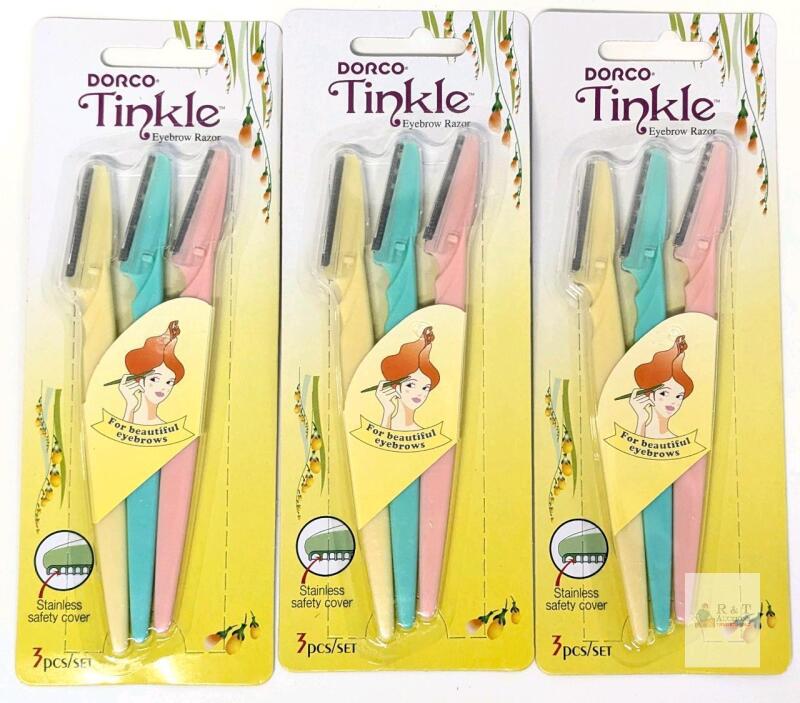 3 NEW Dorco Tinkle Eyebrow Razors, LI0001-3B, 3 Pack Stainless Steel Blades, Safety Covers,