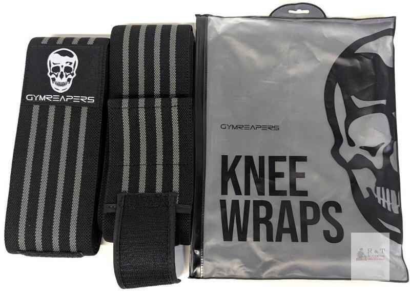 NEW Gymreapers 72" Knee Wraps, Heavy Duty Elastic, Hook & Loop Closure, Pair, Black/Grey