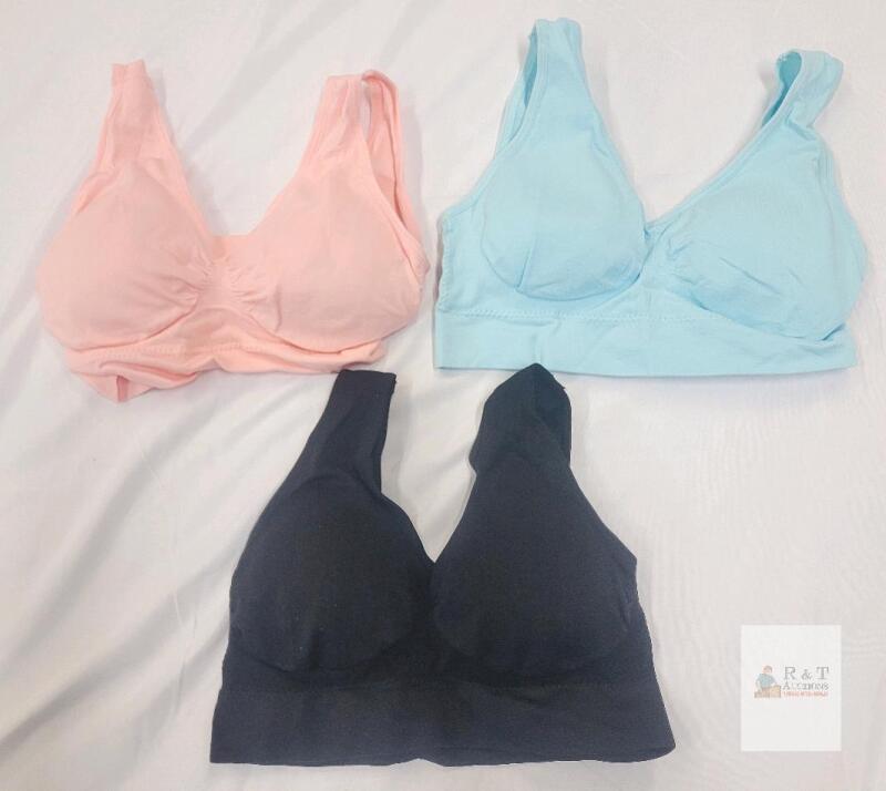 NEW 3-Pack Wireless Seamless Bralette Bras, Size Small, 92% Nylon 8% Elastane, Pink/Blue/Black