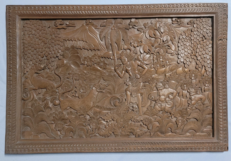 Vintage India Wooden Hand Carved Wall Panel Scenery