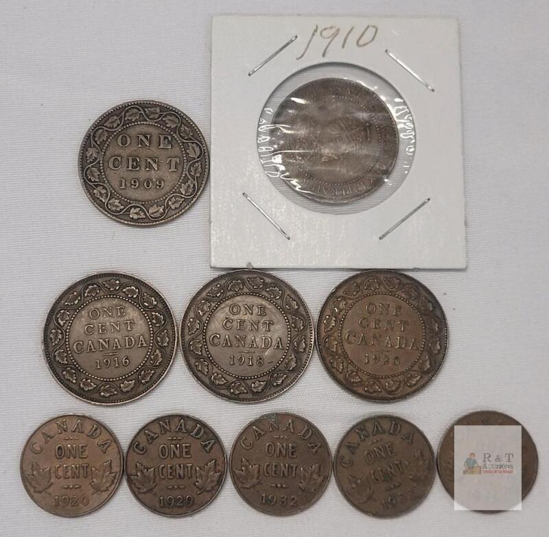 1909 - 1935 Canadian Large & Small One Cent Pennies . Large : 1909 , 1910 , 1916 , 1918 , 1920 . Small : 1920 , 1929 , 1932 , 1933 , 1935 . Ten (10) Coins