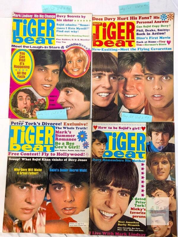 Tiger Beat Magazine Lot (1968, 4 Issues) Vol.3 Nos. 9, 11, 12, 13 Guest Editors: Nesmith, Tim, Revere, Hinsche