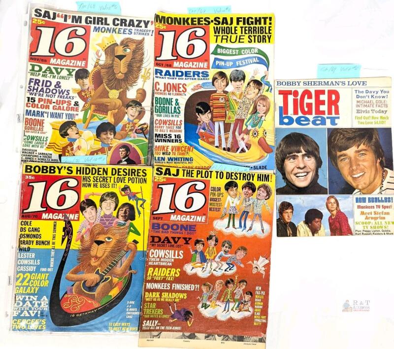Lot of Vintage 16 Magazine and Tiger Beat, 1968-1970 Davy Jones, Monkees, Pop Stars
