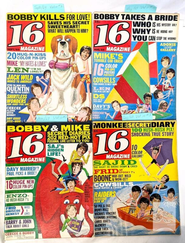 1968-1969 Lot of 16 Magazine Teen Celebrity Issues, Bobby Sherman, Monkees, Mod Squad, Pin-Ups