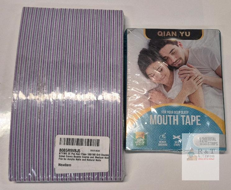 NEW Qian Yu Mouth Tape 120ct & BTYMS 25pcs 100/180 Grit Double-Sided Nail Files Acrylic & Natural Nail Set