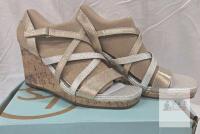 NEW LifeStride Metallic Wedge Sandals, Cork Heel, Buckle Closure