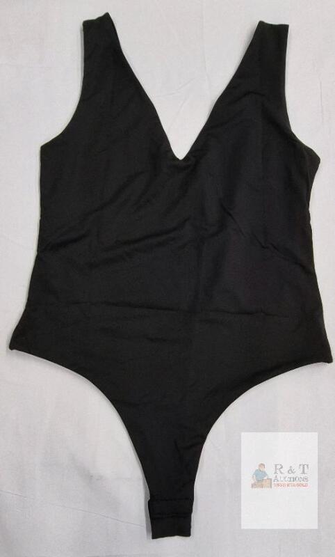 NEW Large Black Sleeveless Deep V-Neck Bodysuit, High Cut Leg, Snap Closure, Minimalist Design