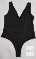 NEW Large Black Sleeveless Deep V-Neck Bodysuit, High Cut Leg, Snap Closure, Minimalist Design