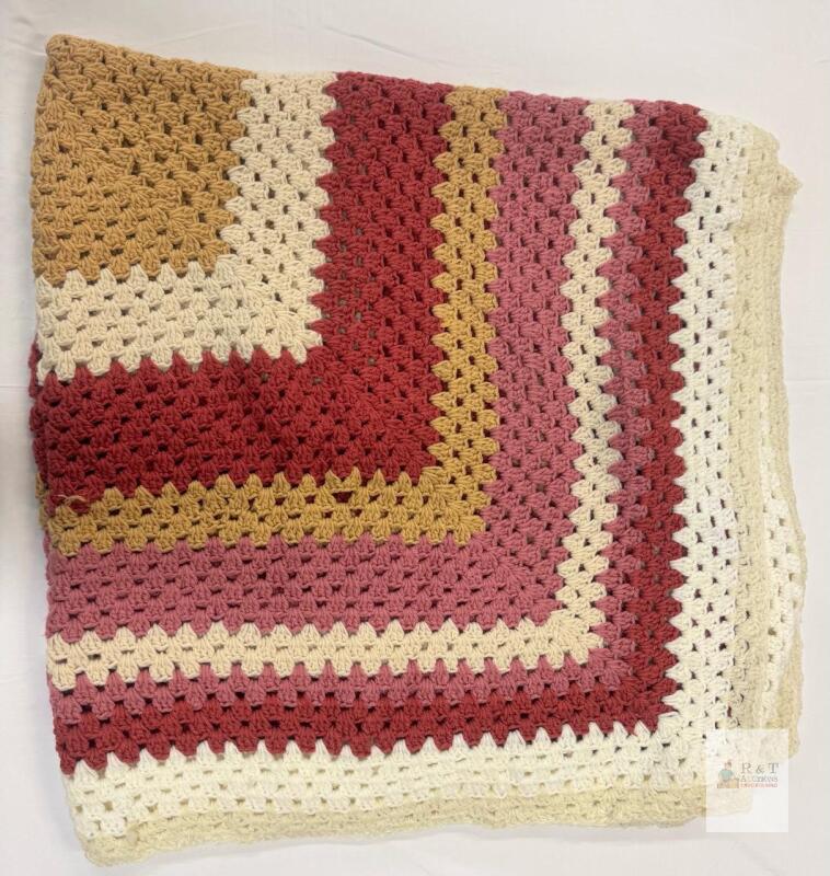 Handmade Granny Square Afghan Blanket, EST 60x70", Cream/Mauve/Gold/Red, Crochet Throw