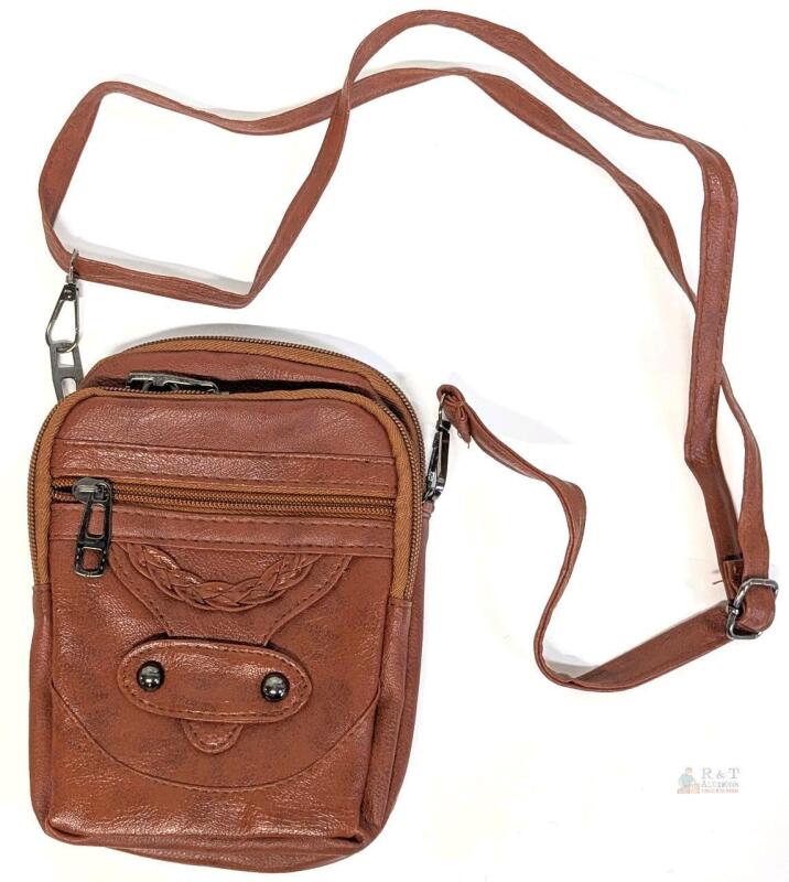 Brown Leather Crossbody Shoulder Bag, Small Size, Zippered, Adjustable Strap, Braided Accent