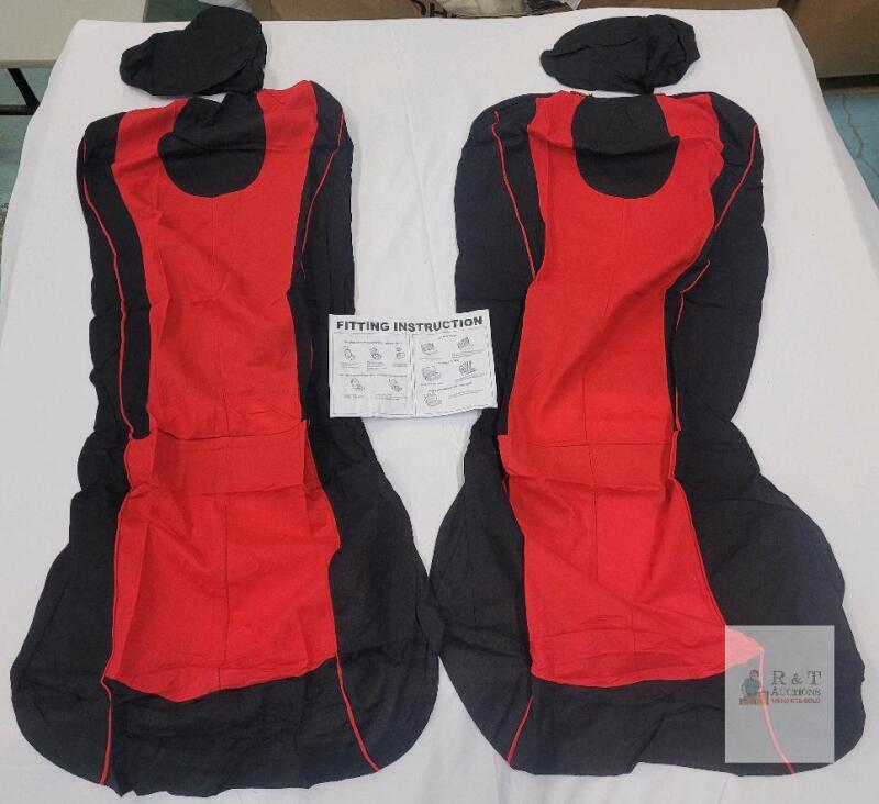 Universal Fit Red and Black Car Seat Covers, Front Seats, Headrest Covers, Sporty Design