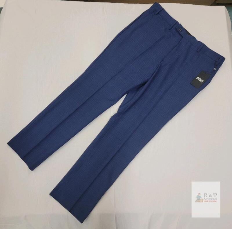 DKNY Dario Slim Fit Plaid Blue Dress Pants 36W x 30L, Polyester Blend, New with Tags
