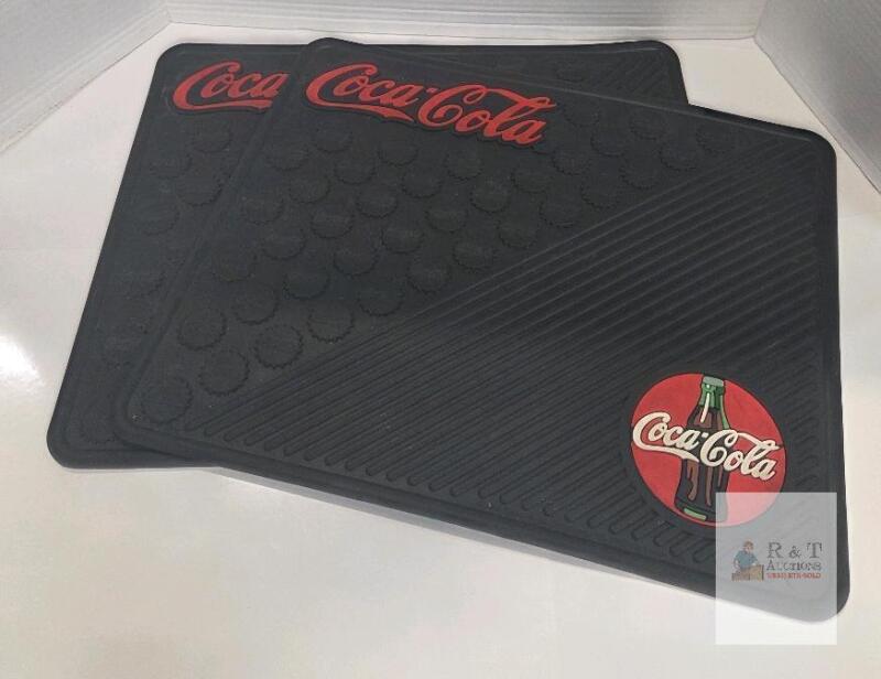 Coca-Cola Black Rubber Floor Mats Pair, 17x15 in, Raised Logo & Bottle Graphic, Vintage Style