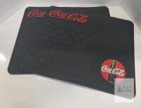 Coca-Cola Black Rubber Floor Mats Pair, 17x15 in, Raised Logo & Bottle Graphic, Vintage Style