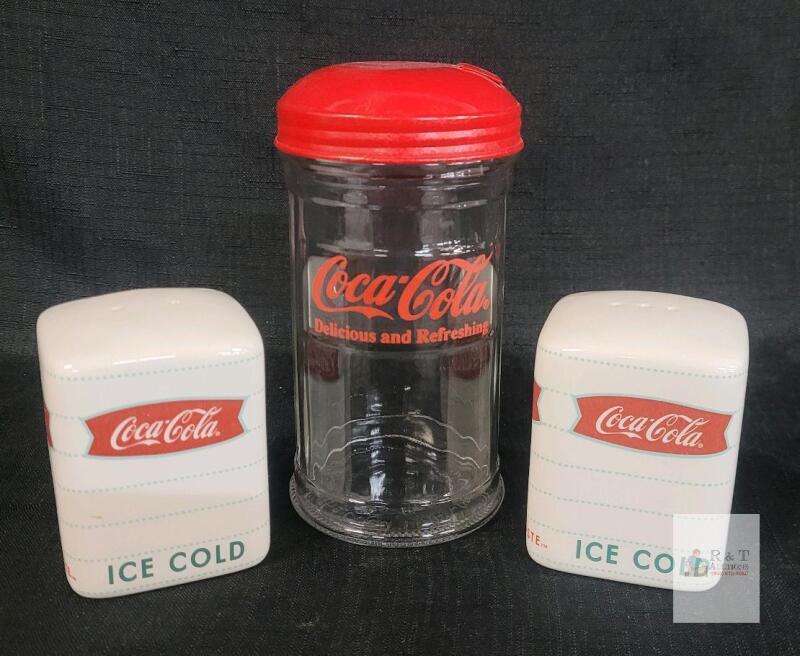 Coca-Cola Glass Straw Dispenser with Red Lid and Ceramic Salt & Pepper Shakers Set Retro
