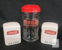 Coca-Cola Glass Straw Dispenser with Red Lid and Ceramic Salt & Pepper Shakers Set Retro