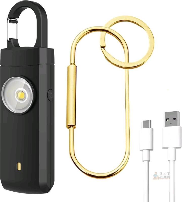 130dB Personal Alarm Keychain, LED Strobe Light, USB-C Rechargeable, Pull Tab, Black/Gold