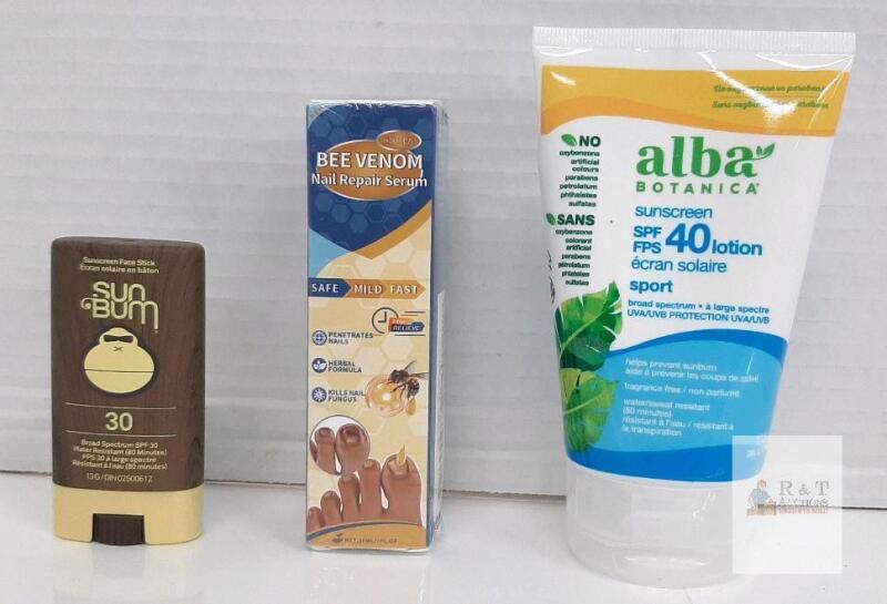 Sun Bum Face Stick SPF 30, Alba Botanica Sport SPF 40 Lotion, Houkea Bee Venom Nail Serum (Lot of 3)