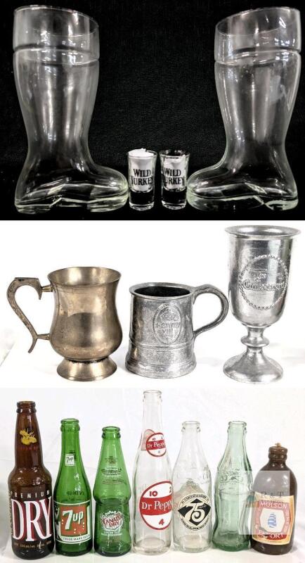Vintage Barware Lot: Glass Boot Mugs, Wild Turkey Shooters, Metal Tankards, Collectible Soda Bottles