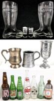 Vintage Barware Lot: Glass Boot Mugs, Wild Turkey Shooters, Metal Tankards, Collectible Soda Bottles