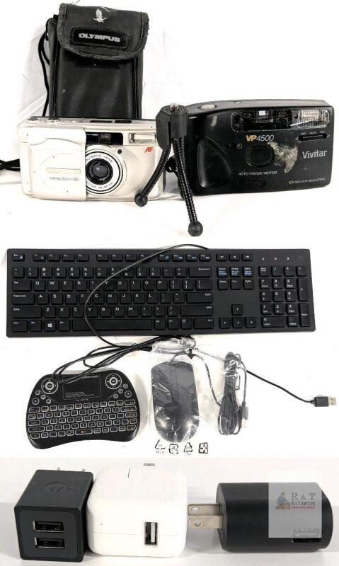 Olympus Infinity Zoom 80 & Vivitar VP4500 Film Cameras, Dell KB216t Keyboard, 3 USB Adapters Bundle
