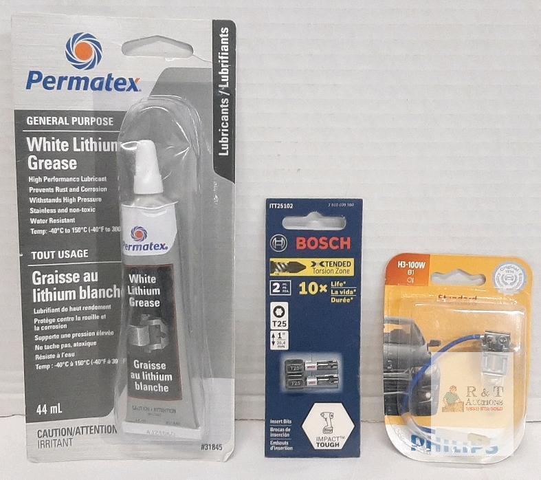 Permatex White Lithium Grease 44mL, Bosch T25 Impact Bits (2x), Philips H3 100W Bulb Lot