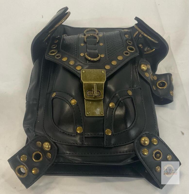 Steampunk Gothic Utility Hip Belt Bag, Black PU Leather, Brass Hardware, Strap Attachment, Rivets