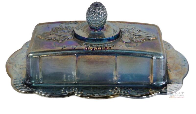 Blue Iridescent Glass Butter Dish with Lid, Grape & Leaf Pattern, Rectangular, 7.5"