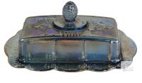 Blue Iridescent Glass Butter Dish with Lid, Grape & Leaf Pattern, Rectangular, 7.5"